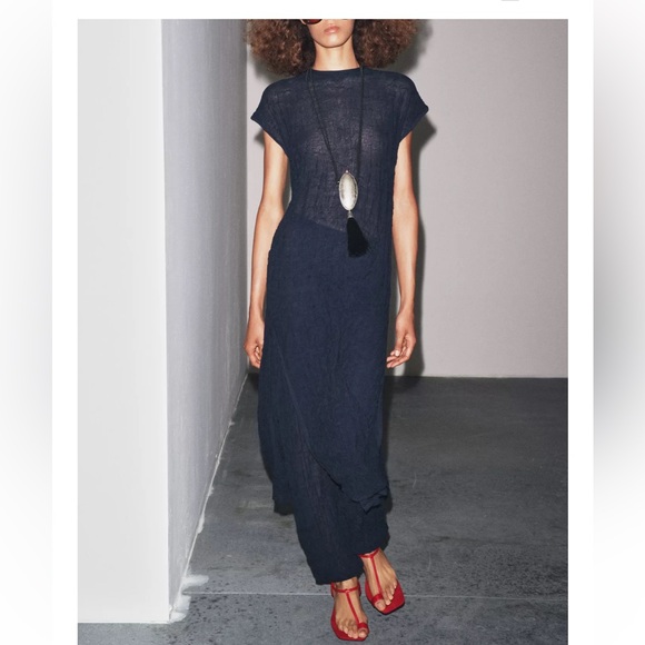 Zara 2 pieces Wrinkle Effect Fine Knit Midi Dress w/Matching Pants Navy Blue NWT - Picture 4 of 16